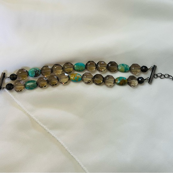 Turquoise Smokey Quartz Stone Bead Adjustable Bracelet - Picture 3 of 5